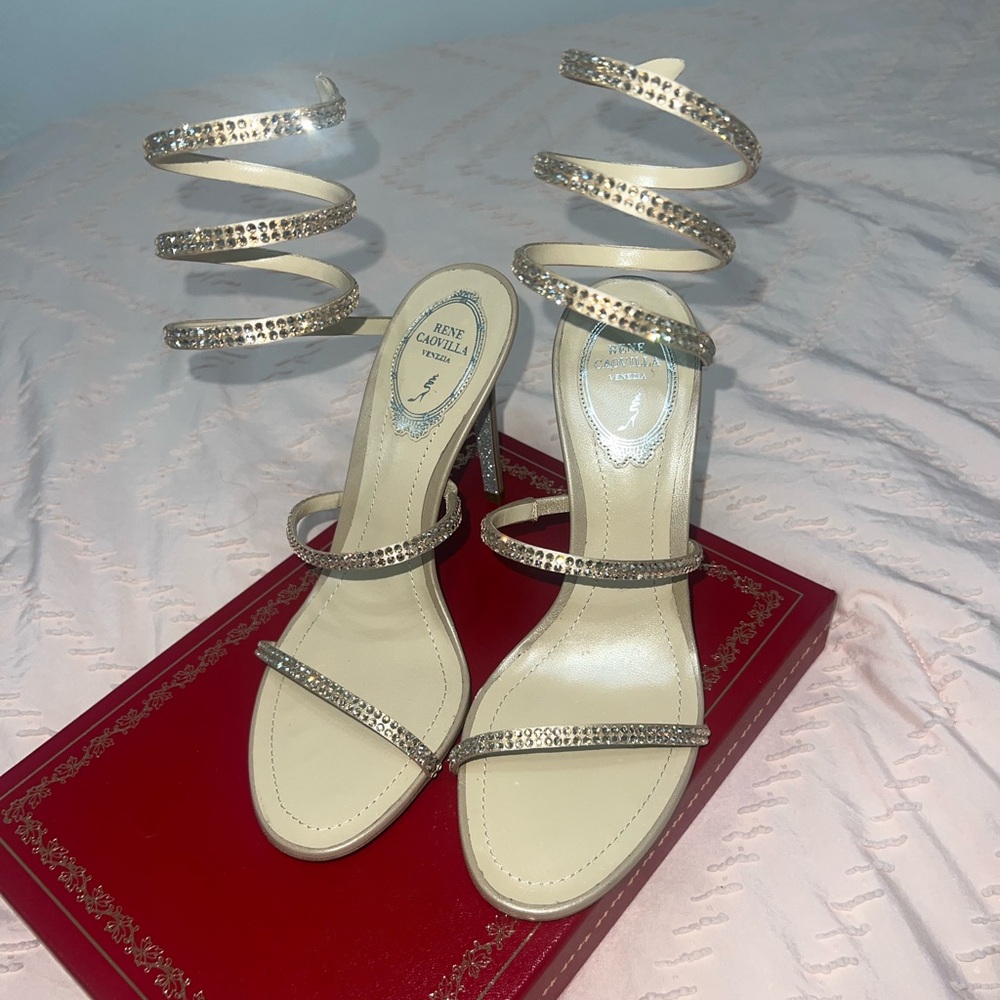 Rene Caovilla Cleo Beige Satin Crystal Sandal